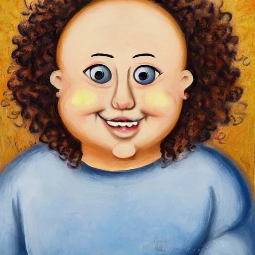 overweight white girl, mid-30s, blue eyes, curly dark brown hair, epicanthic folds on eyes, medium-small mouth smiling, heart shaped face, large forehead, Oil Painting