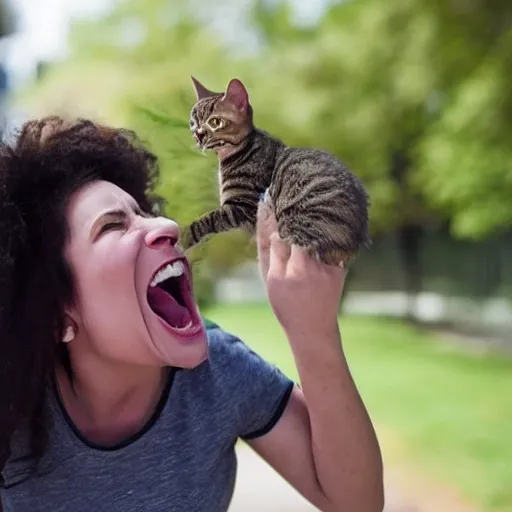 woman screaming at confused cat