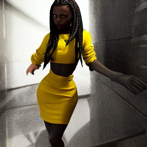 theme, ((beautiful face)), (beautiful dark skin woman, braids, slim, big hips, full body beautiful, beautiful legs), (intricate clothing: yellow tight dress), ((high quality  in post-apocalyptic style, freedom, soul, approach to perfection, cinematic dramatic atmosphere, global illumination, detailed and intricate environment, fluid and sharp focus, volumetric lighting, cinematic lighting)): ((perfect blending)), shadows, clean image, high quality, high details, 8K, HDR, sharp graphics, realistic, beautiful scenery, intricate details.