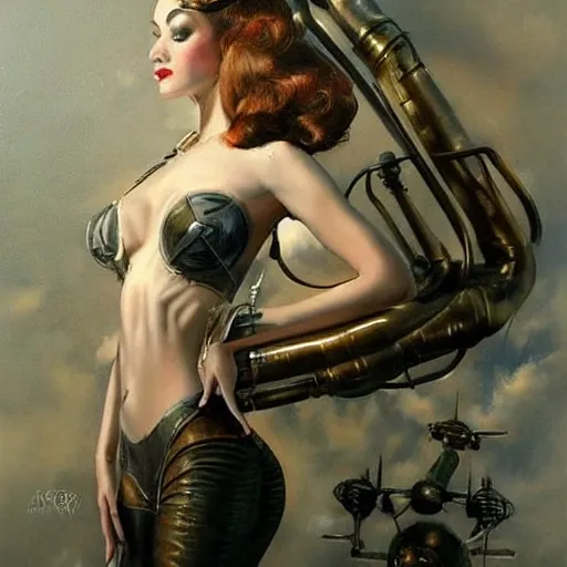 airy, pin-up, sci-fi, steam punk, very deitaled, realistic, figurative painter, fineart, 