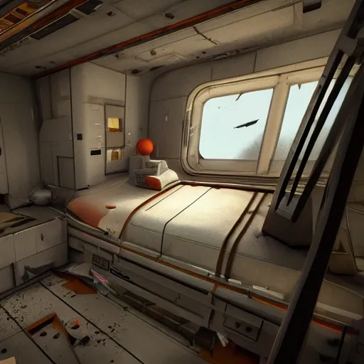 Generate an image of a living quarters on a spaceship, with destroyed bunks and personal belongings scattered across the room. The scene should be filled with a sense of loss and tragedy as visitors imagine the lives that were lost in the battle
