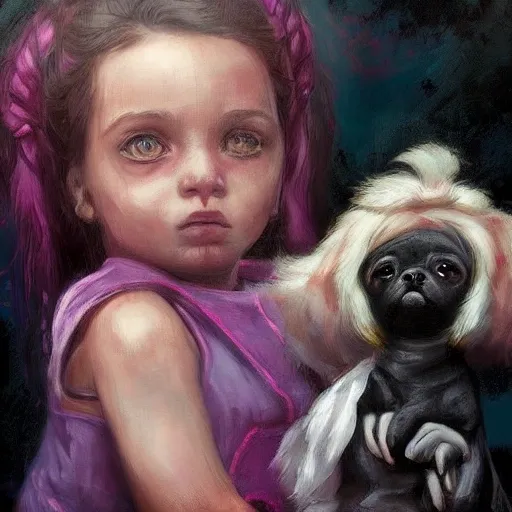 A little girl next to a black puppy, in the style of whimsical character design, eve ventrue, patrick brown, alain laboile, booru, pink, cartoony characters