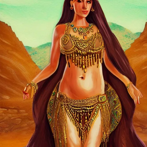 Mesopotamian queen, half body portrait, belly dancer clothes, olive skin, desert temple background, detailed painting, concept art