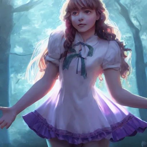 realistic portrait of a innocent young teen girl, d&d magic fantasy, dark magical school student uniform, light curly hair, casting a bright large-scale magical spell around herself, overflowing energy, highly detailed, digital painting, trending on artstation, pixiv, concept art, sharp focus, illustration, art by Ross Tran and Greg Rutkowski and Walt Disney animation