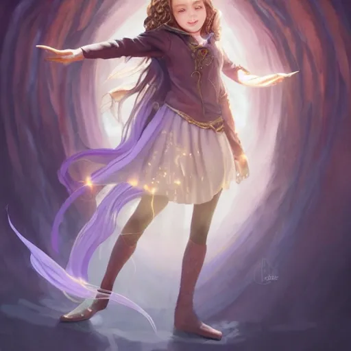 realistic portrait of a innocent young teen girl, d&d magic fantasy, dark magical school student uniform, light curly hair, casting a bright large-scale magical spell around herself, overflowing energy, highly detailed, digital painting, trending on artstation, pixiv, concept art, sharp focus, illustration, art by Ross Tran and Greg Rutkowski and Walt Disney animation