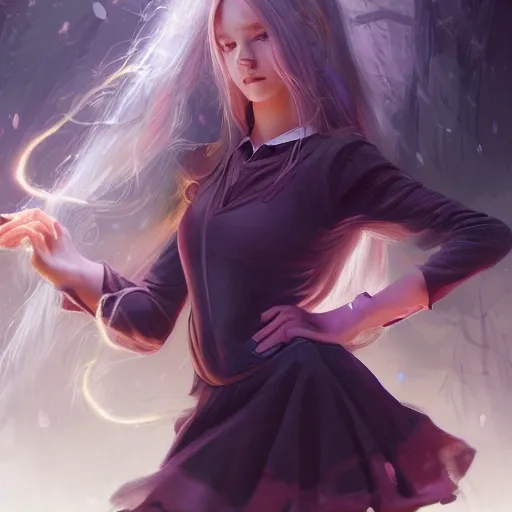 realistic portrait of a innocent young teen girl, d&d magic fantasy, dark magical school student uniform, light curly hair, casting a bright large-scale magical spell around herself, overflowing energy, highly detailed, digital painting, trending on artstation, pixiv, concept art, sharp focus, illustration, art by Ross Tran and Greg Rutkowski and Walt Disney animation