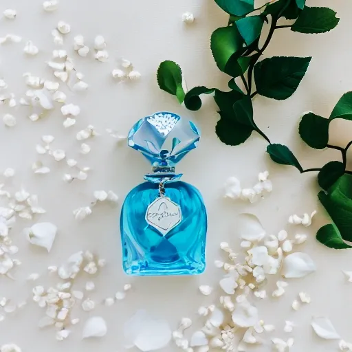 Elegant perfume bottle with intricate design, delicately placed on a white cloth, Gentle rose petals, freshly picked and carefully arranged, Romantic and luxurious, Minimalist blue background, highlighting the main subjects, Product lighting, Soft and natural lighting, emphasizing the organic elements