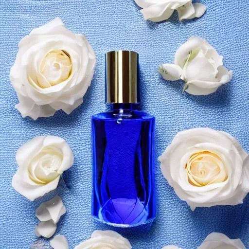 Elegant perfume bottle with intricate design, delicately placed on a white cloth, Gentle rose petals, freshly picked and carefully arranged, Romantic and luxurious, Minimalist blue background, highlighting the main subjects, Product lighting, Soft and natural lighting, emphasizing the organic elements