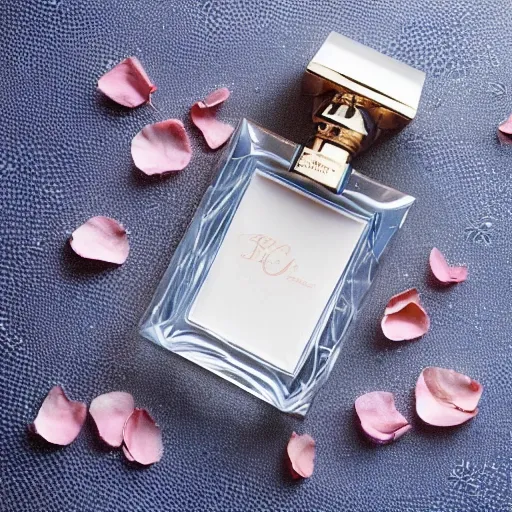 Refined perfume bottle, featuring ornate curves and sparkling details, resting on a pristine white tablecloth,
Gorgeous and lush rose petals, creating a dreamy and romantic atmosphere, Serene and elegant, with a hint of opulence, Minimalist blue wall as a serene backdrop,
Soft, gentle lighting, accentuating the beauty of the composition