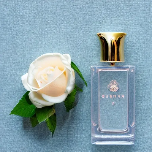 Elegant perfume bottle with intricate design, delicately placed on a white cloth, Gentle rose petals, freshly picked and carefully arranged, Romantic and luxurious, Minimalist blue background, highlighting the main subjects, Product lighting, Soft and natural lighting, emphasizing the organic elements