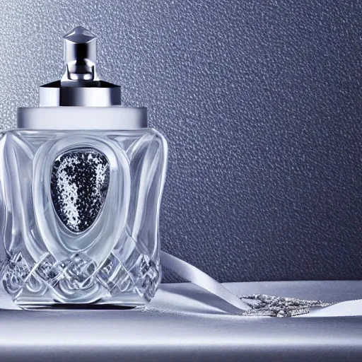 Refined perfume bottle, featuring ornate curves and sparkling details, resting on a pristine white tablecloth,
Gorgeous and lush rose petals, creating a dreamy and romantic atmosphere, Serene and elegant, with a hint of opulence, Minimalist blue wall as a serene backdrop,
Soft, gentle lighting, accentuating the beauty of the composition