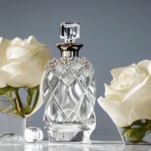 Refined perfume bottle, featuring ornate curves and sparkling details, resting on a pristine white tablecloth,
Gorgeous and lush rose petals, creating a dreamy and romantic atmosphere, Serene and elegant, with a hint of opulence, Minimalist blue wall as a serene backdrop,
Soft, gentle lighting, accentuating the beauty of the composition