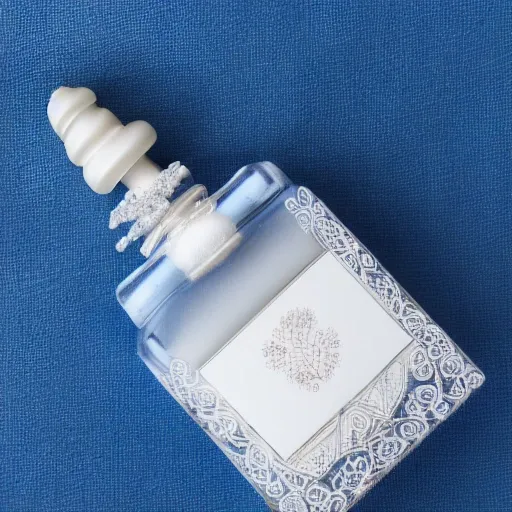 Elegant perfume bottle with intricate design, delicately placed on a white cloth, Gentle rose petals, freshly picked and carefully arranged, Romantic and luxurious, Minimalist blue background, highlighting the main subjects, Product lighting, Soft and natural lighting, emphasizing the organic elements