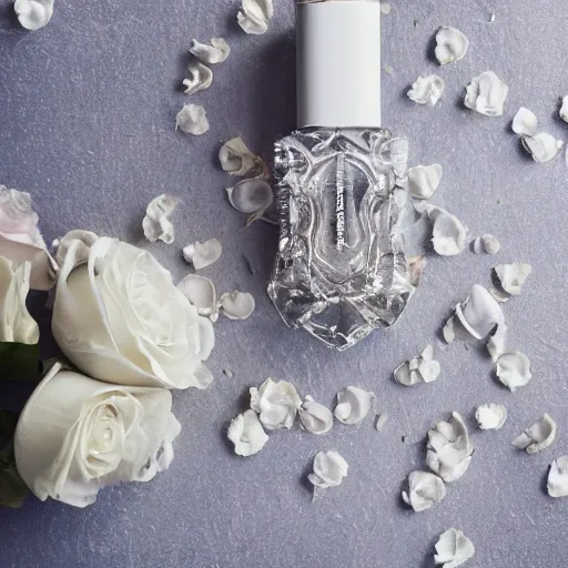 Refined perfume bottle, featuring ornate curves and sparkling details, resting on a pristine white tablecloth,
Gorgeous and lush rose petals, creating a dreamy and romantic atmosphere, Serene and elegant, with a hint of opulence, Minimalist blue wall as a serene backdrop,
Soft, gentle lighting, accentuating the beauty of the composition