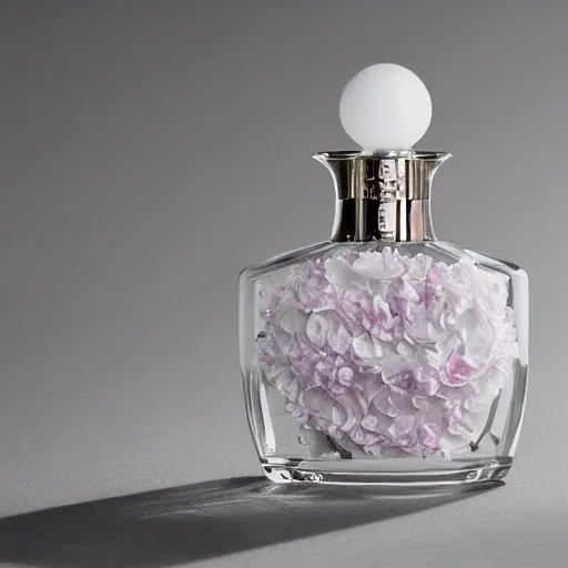 Exquisite fragrance bottle with intricate detailing, exuding an air of sophistication, delicately placed among a bed of fragrant pink rose petals 
Ethereal and romantic, with a touch of luxury  
Sleek blue wall as a subtle background, accentuating the beauty of the objects  
Natural lighting, adding a soft and delicate touch to the scene 