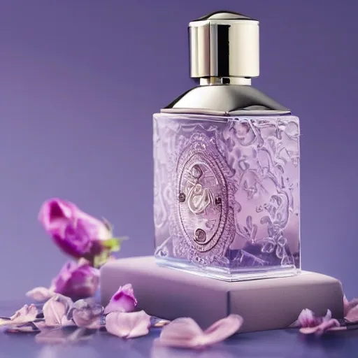 Exquisite fragrance bottle with intricate detailing, exuding an air of sophistication, delicately placed among a bed of fragrant pink rose petals 
Ethereal and romantic, with a touch of luxury  
Sleek blue wall as a subtle background, accentuating the beauty of the objects  
Natural lighting, adding a soft and delicate touch to the scene 