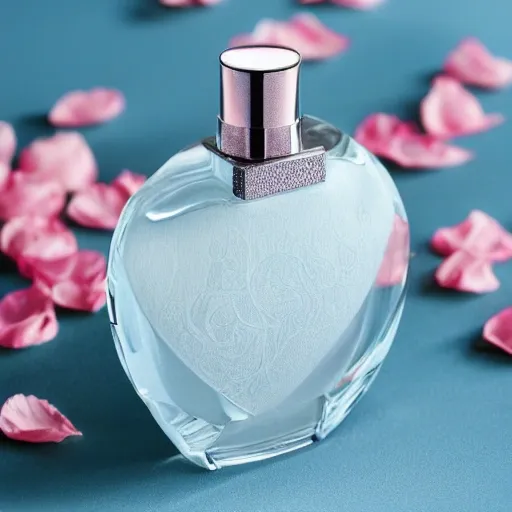 Exquisite fragrance bottle with intricate detailing, exuding an air of sophistication, delicately placed among a bed of fragrant pink rose petals 
Ethereal and romantic, with a touch of luxury  
Sleek blue wall as a subtle background, accentuating the beauty of the objects  
Natural lighting, adding a soft and delicate touch to the scene 