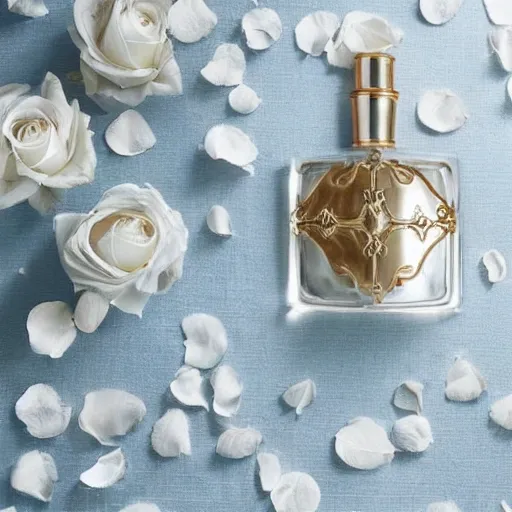 Refined perfume bottle, featuring ornate curves and sparkling details, resting on a pristine white tablecloth,
Gorgeous and lush rose petals, creating a dreamy and romantic atmosphere, Serene and elegant, with a hint of opulence, Minimalist blue wall as a serene backdrop,
Soft, gentle lighting, accentuating the beauty of the composition