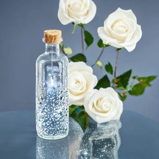 Intricate glass bottle with sophisticated shape and cap, surrounded by fragrant white rose petals, Timeless and classic, with a touch of modern luxury, Simple, elegant blue backdrop, Product lighting, Delicate lighting, enhancing the beauty of the objects