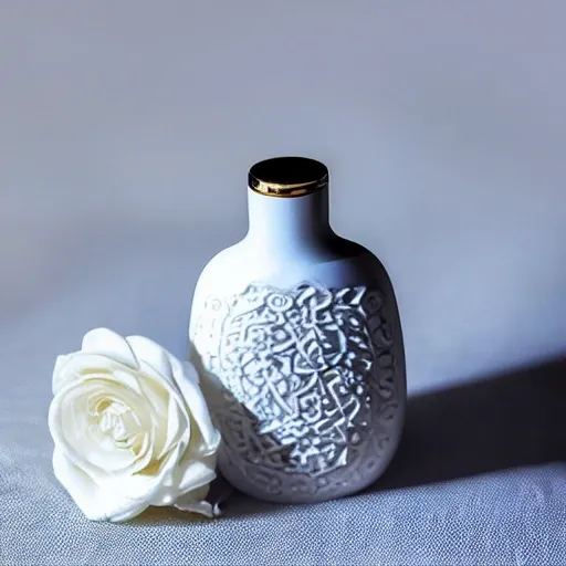 Elegant perfume bottle with intricate design, delicately placed on a white cloth, Gentle rose petals, freshly picked and carefully arranged, Romantic and luxurious, Minimalist blue background, highlighting the main subjects, Product lighting, Soft and natural lighting, emphasizing the organic elements