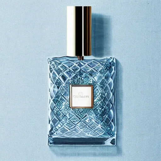 Refined perfume bottle, featuring ornate curves and sparkling details, resting on a pristine white tablecloth,
Gorgeous and lush rose petals, creating a dreamy and romantic atmosphere, Serene and elegant, with a hint of opulence, Minimalist blue wall as a serene backdrop,
Soft, gentle lighting, accentuating the beauty of the composition