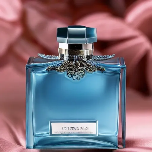 Exquisite fragrance bottle with intricate detailing, exuding an air of sophistication, delicately placed among a bed of fragrant pink rose petals 
Ethereal and romantic, with a touch of luxury  
Sleek blue wall as a subtle background, accentuating the beauty of the objects  
Natural lighting, adding a soft and delicate touch to the scene 