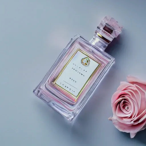 Elegant perfume bottle with intricate design, delicately placed on a white cloth, Gentle pink rose petals, freshly picked and carefully arranged, Romantic and luxurious, Minimalist blue background, highlighting the main subjects, Product lighting, Soft and natural lighting, emphasizing the organic elements