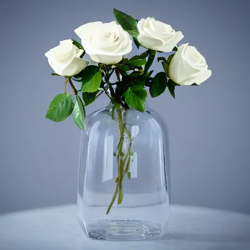 Intricate glass bottle with sophisticated shape and cap, surrounded by fragrant white rose petals, Timeless and classic, with a touch of modern luxury, Simple, elegant blue backdrop, Product lighting, Delicate lighting, enhancing the beauty of the objects