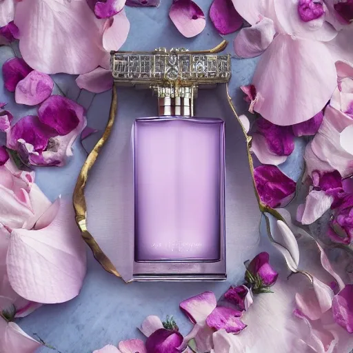 Exquisite fragrance bottle with intricate detailing, exuding an air of sophistication, delicately placed among a bed of fragrant pink rose petals 
Ethereal and romantic, with a touch of luxury  
Sleek blue wall as a subtle background, accentuating the beauty of the objects  
Natural lighting, adding a soft and delicate touch to the scene 