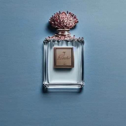 Refined perfume bottle, featuring ornate curves and sparkling details, resting on a pristine white tablecloth,
Gorgeous and lush rose petals, creating a dreamy and romantic atmosphere, Serene and elegant, with a hint of opulence, Minimalist blue wall as a serene backdrop,
Soft, gentle lighting, accentuating the beauty of the composition