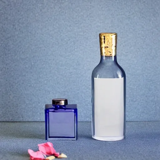 Intricate glass bottle with sophisticated shape and cap, surrounded by fragrant rose petals, Timeless and classic, with a touch of modern luxury, Simple, elegant blue backdrop, Product lighting, Delicate lighting, enhancing the beauty of the objects