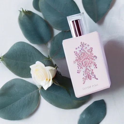 Elegant perfume bottle with intricate design, delicately placed on a white cloth, Gentle pink rose petals, freshly picked and carefully arranged, Romantic and luxurious, Minimalist blue background, highlighting the main subjects, Product lighting, Soft and natural lighting, emphasizing the organic elements