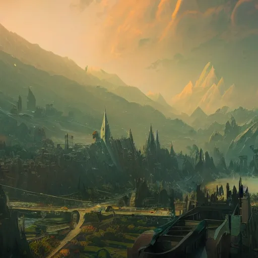 Authentic illustrations of different cities in The Lord of the Rings,Magnificent super wide angle,high quality, 8k,high resolution, city landscape, side scrolling, Rule of Thirds, 4K, Retrofuturism,by makoto shinkai,Anton Fadeev, thomas kinkade,greg rutkowski, Water Color