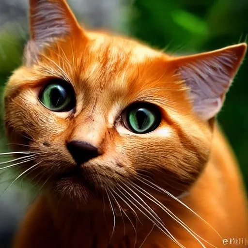 gato naranja, ojos tiernos y realista. con fndo de cesped verde bañado por luces y sombras que resalte su cara
