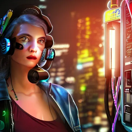 a cyberpunk girl, detailed face, spotlight, cyberpunk city, wired, multicolored, vibrant high contrast, hyperrealistic, photografic, 8k, epic ambient light, octane render next to an old gas pump