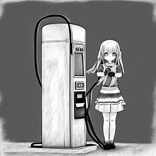 1 anime girl next to an old gas pump, Pencil Sketch