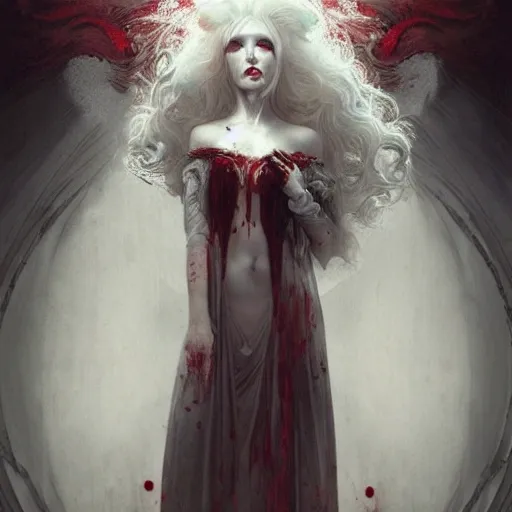 elegant seductive beautiful vampire horror gothic white hair ornate rococo intaglio dripping blood by Tom Bagshaw and Seb McKinnon, highly detailed, dramatic lighting, volumetric, red eyes, Water Color, Oil Painting