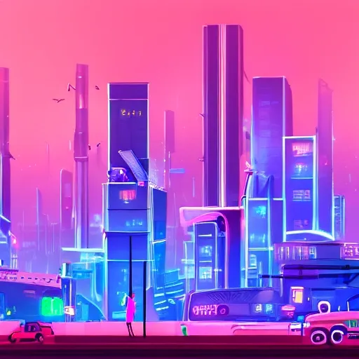 /imagine prompt: A neon-lit futuristic cityscape at night, with towering skyscrapers and flying cars - illustrated in a cyberpunk style. Inspired by the work of Simon Stålenhag. The colors are a mix of bright neon blues, pinks, and purples. Facial expressions show a mix of awe and excitement. The lighting is harsh and casts deep shadows, creating a sense of mystery and intrigue.