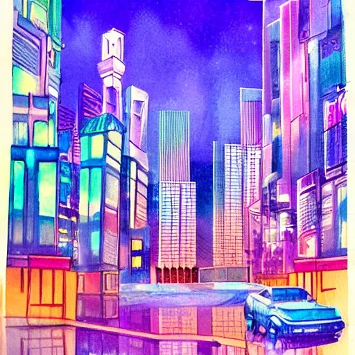 /imagine prompt: A neon-lit futuristic cityscape at night, with towering skyscrapers and flying cars - illustrated in a cyberpunk style. Inspired by the work of Simon Stålenhag. The colors are a mix of bright neon blues, pinks, and purples. Facial expressions show a mix of awe and excitement. The lighting is harsh and casts deep shadows, creating a sense of mystery and intrigue., Water Color, 3D
 --v 5 --stylize 1000