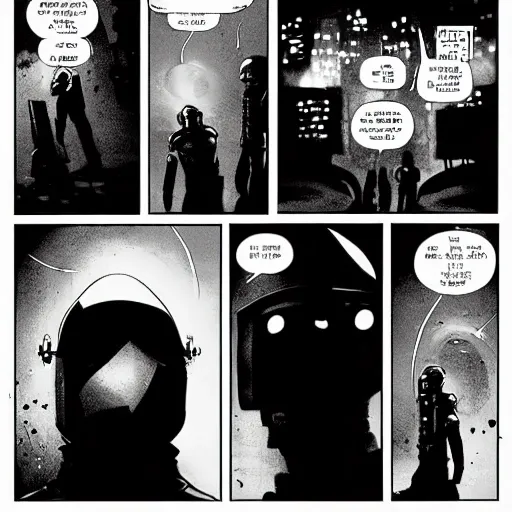 /imagine prompt: A dystopian comic panel of a group of rebels fighting against a robotic police force in a dark alleyway. The style is reminiscent of Frank Miller's Sin City. The colors are mostly black and white with occasional splashes of red. Facial expressions show a mix of fear and determination. The lighting is minimal, casting deep shadows and creating a gritty, noir atmosphere. --v 5 --stylize 1000
