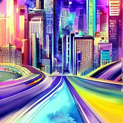 /imagine prompt: A watercolor painting of a futuristic cyberpunk city, with towering skyscrapers and an intricate network of highways and bridges. The style is inspired by the works of Syd Mead. The colors are a mix of cool blues and greens, with occasional pops of bright neon. Facial expressions are not depicted, but the scene is bustling with activity. The lighting is soft and diffuse, creating a dreamy, otherworldly atmosphere. --v 5 --stylize 1000
