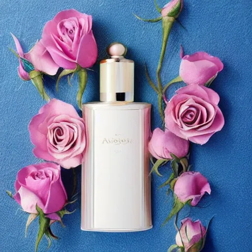 Exquisite fragrance bottle with intricate detailing, exuding an air of sophistication, delicately placed among a bed of fragrant pink rose petals 
Ethereal and romantic, with a touch of luxury  
Sleek blue wall as a subtle background, accentuating the beauty of the objects  
Natural lighting, adding a soft and delicate touch to the scene 