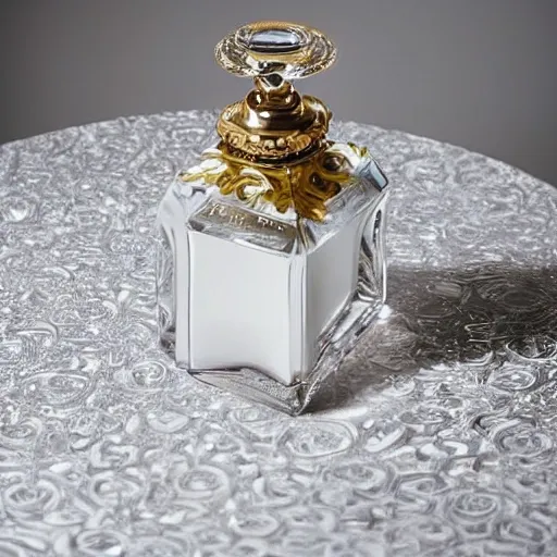 Refined perfume bottle, featuring ornate curves and sparkling details, resting on a pristine white tablecloth,
Gorgeous and lush rose petals, creating a dreamy and romantic atmosphere, Serene and elegant, with a hint of opulence, Minimalist blue wall as a serene backdrop,
Soft, gentle lighting, accentuating the beauty of the composition