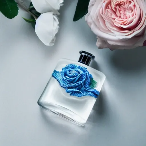 Elegant perfume bottle with intricate design, delicately placed on a white cloth, Gentle pink rose petals, freshly picked and carefully arranged, Romantic and luxurious, Minimalist blue background, highlighting the main subjects, Product lighting, Soft and natural lighting, emphasizing the organic elements