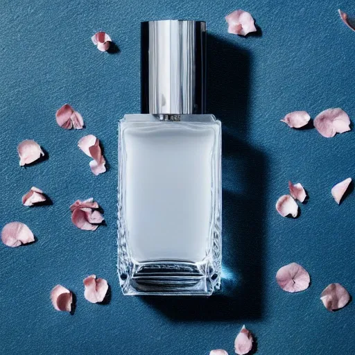 Exquisite fragrance bottle with intricate detailing, exuding an air of sophistication, delicately placed among a bed of fragrant pink rose petals 
Ethereal and romantic, with a touch of luxury  
Sleek blue wall as a subtle background, accentuating the beauty of the objects  
Natural lighting, adding a soft and delicate touch to the scene 