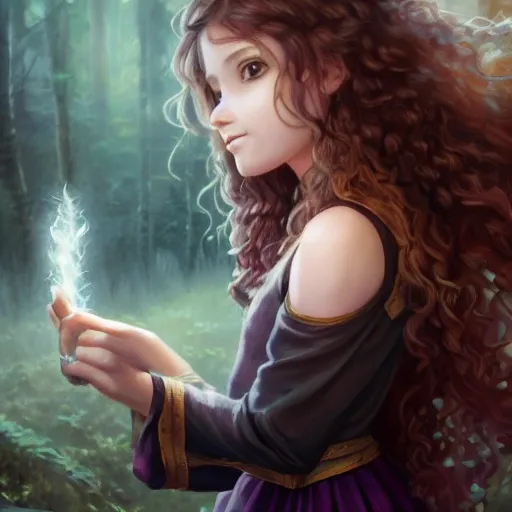 realistic portrait of a innocent young teen girl, d&d magic fantasy, dark magical school student uniform, light curly hair, casting a bright large-scale magical spell around herself, overflowing energy, highly detailed, digital painting, trending on artstation, pixiv, concept art, sharp focus, illustration, art by Ross Tran and Greg Rutkowski and Walt Disney animation