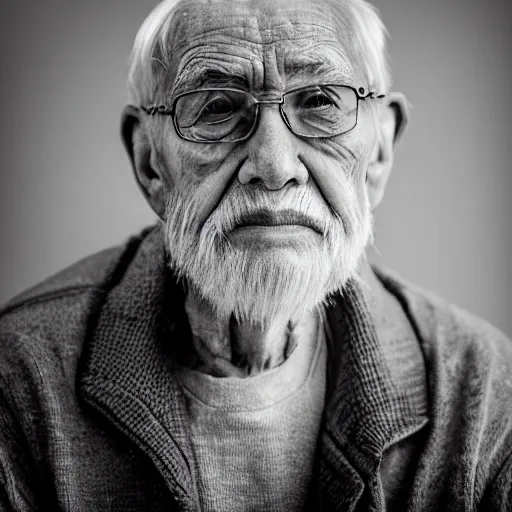 A wise man sitting in front of a camera, elderly, thoughtful, serene, well-lit, high-resolution, professional photography.
