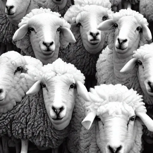 big flock of sad looking sheep, analog style