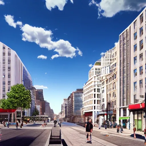 Photorealistic image of a city on a sunny day. The city should be full of tall and modern buildings with reflective windows. The streets should be wide and full of cars and buses passing by. There will be people walking on the sidewalks and crossing the streets, some carrying shopping bags and others talking on their mobile phones. The sky should be of an intense blue with fluffy white clouds scattered on the horizon. The scene should be illuminated by the morning sun, with sunlight shining on the facades of the buildings and creating long shadows on the sidewalk., 3D