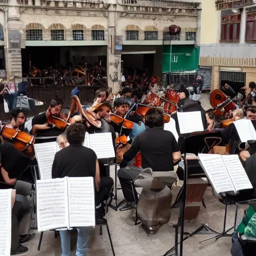 una orquesta con el piano en el centro